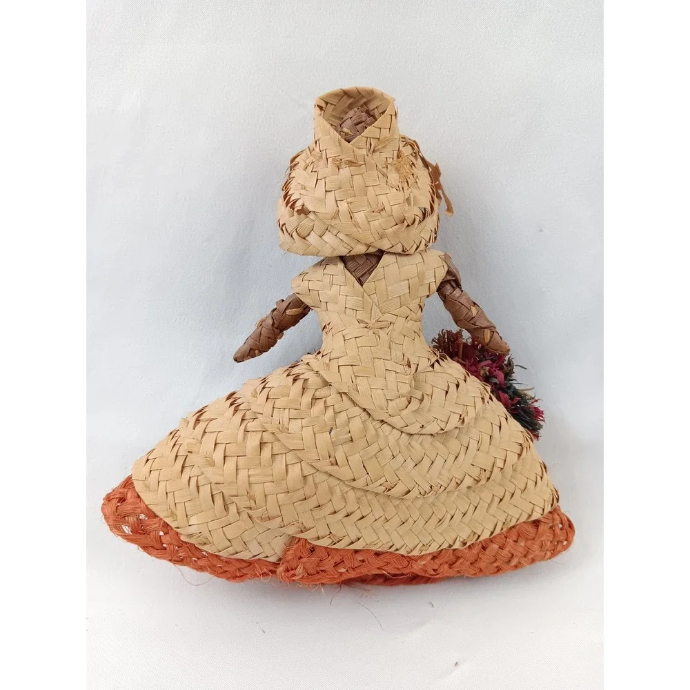 Hand Woven Straw Doll Figurine Folk Art Dress Hat Unique‎ Accent Piece